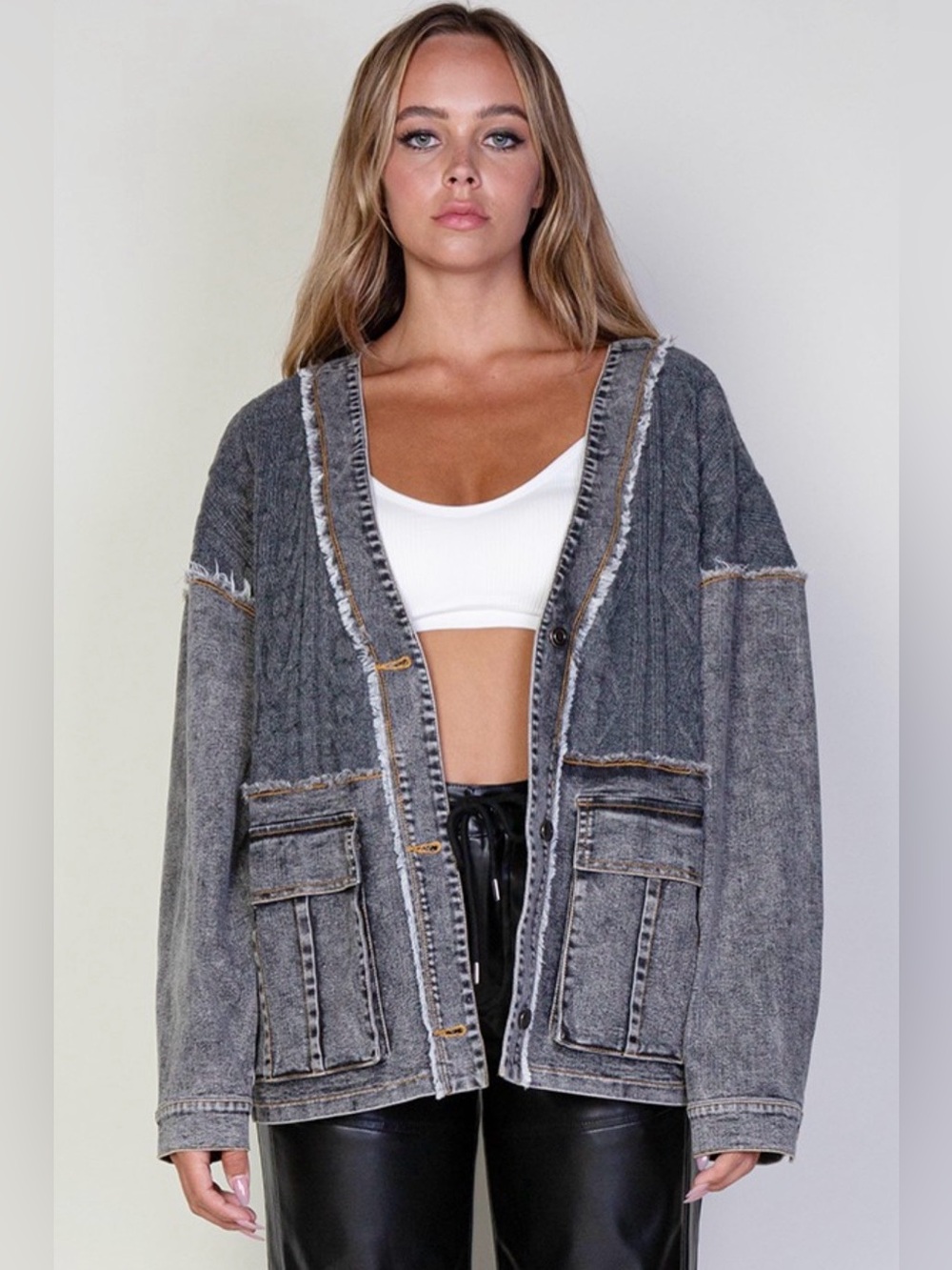 Oversized Washed Gray Sweater Cardigan with Button-Front Closure